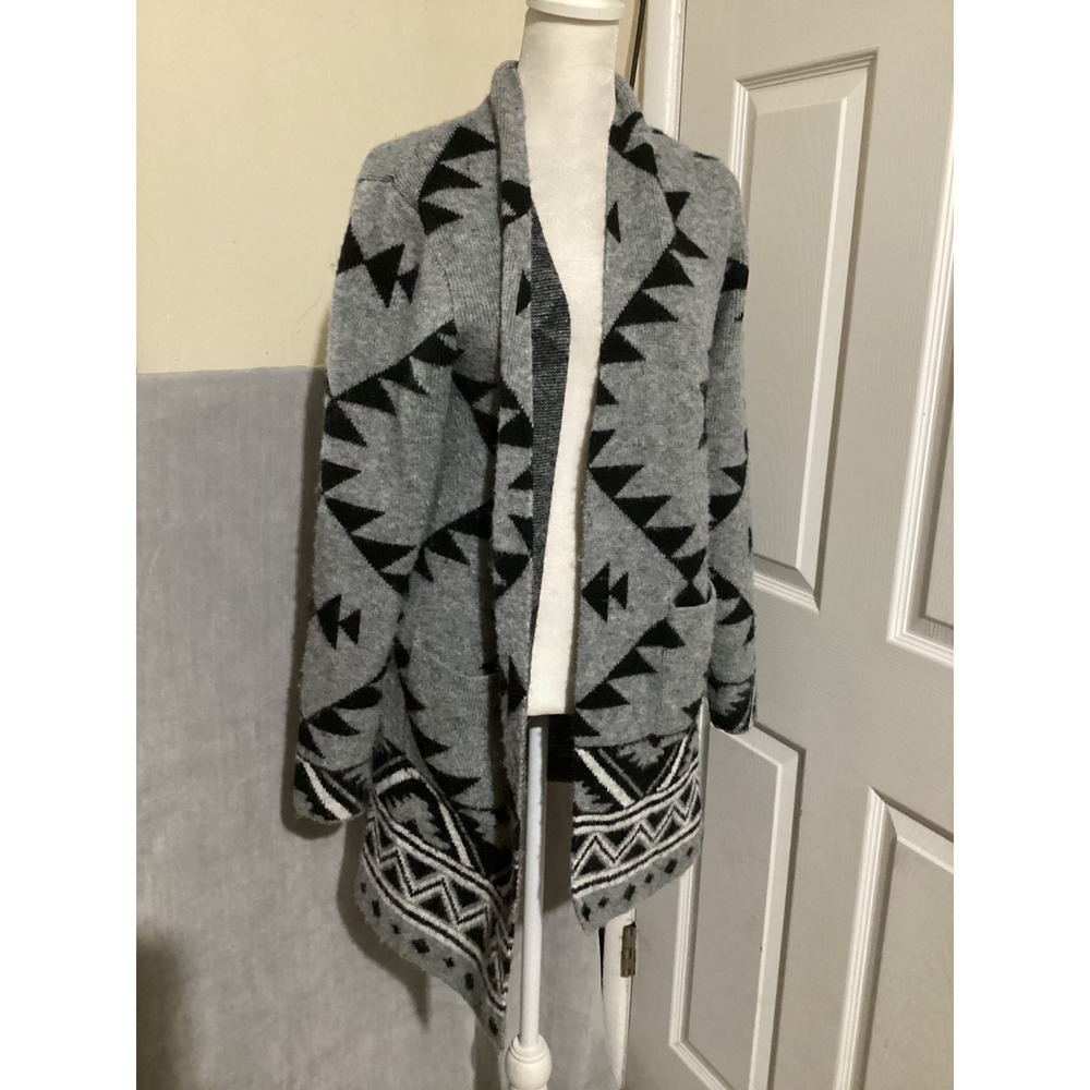 FRYE Women's Geometric Print Open Front Cardigan Sweater Size S Gray Black